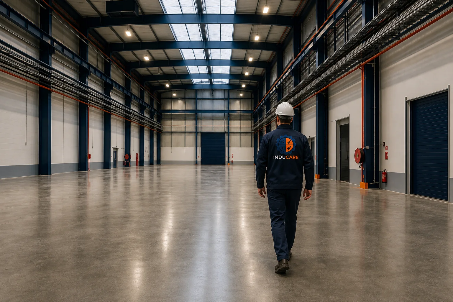 Responsable de InduCare caminando por una nave industrial